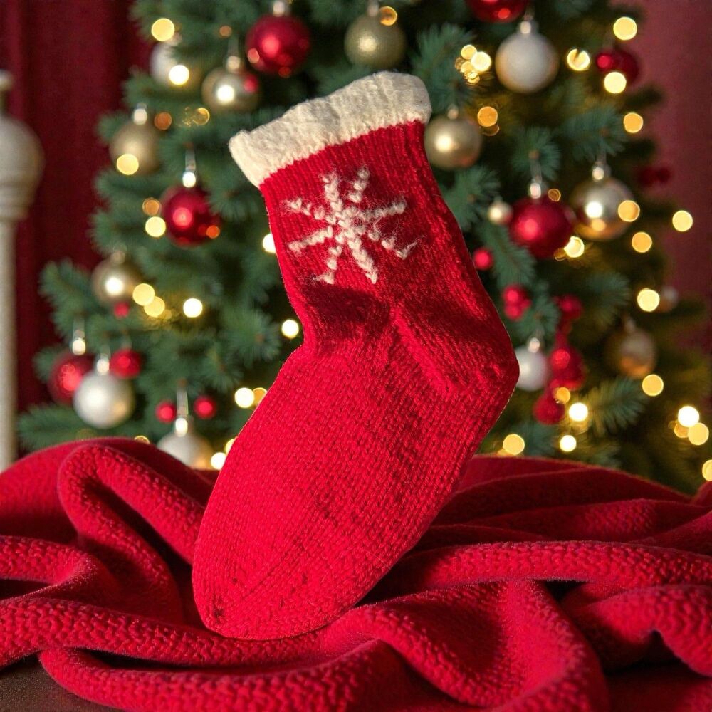 Hand Knitted Christmas Stocking Red White Snowflake 15” VTG